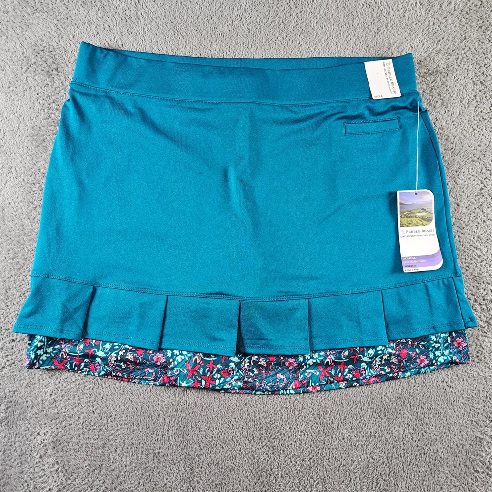 Pebble Beach Dry-Luxe Performance Teal Blue Pleated Floral Skort‎ Size Large NEW